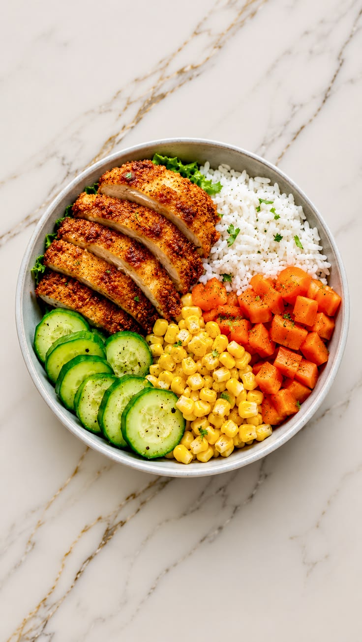 Balanced bowl with chicken, rice and vegetables