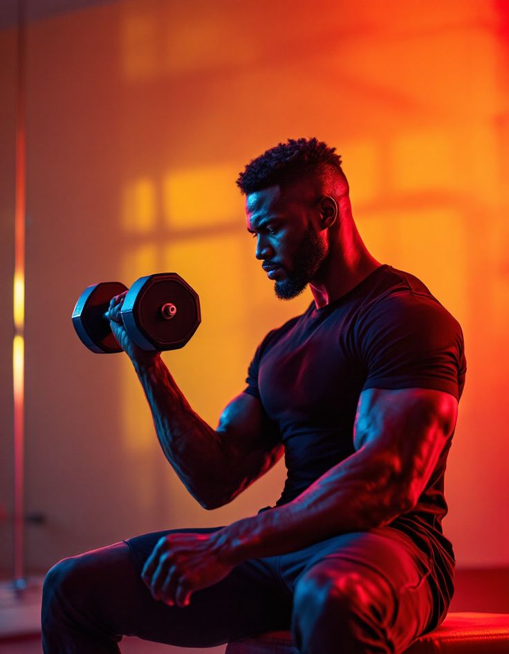Athlete curling a dumbbell in coloured light